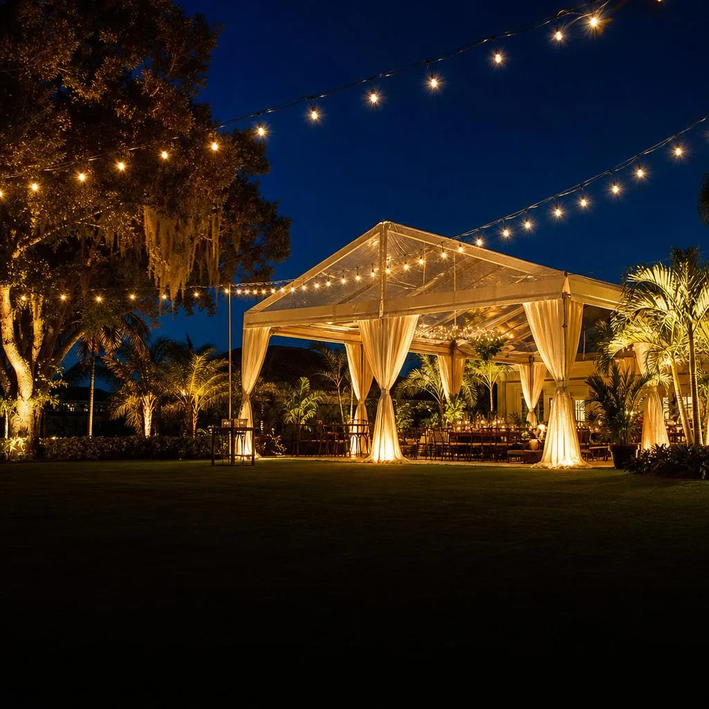 Warm string lights illuminating an outdoor event setup at dusk